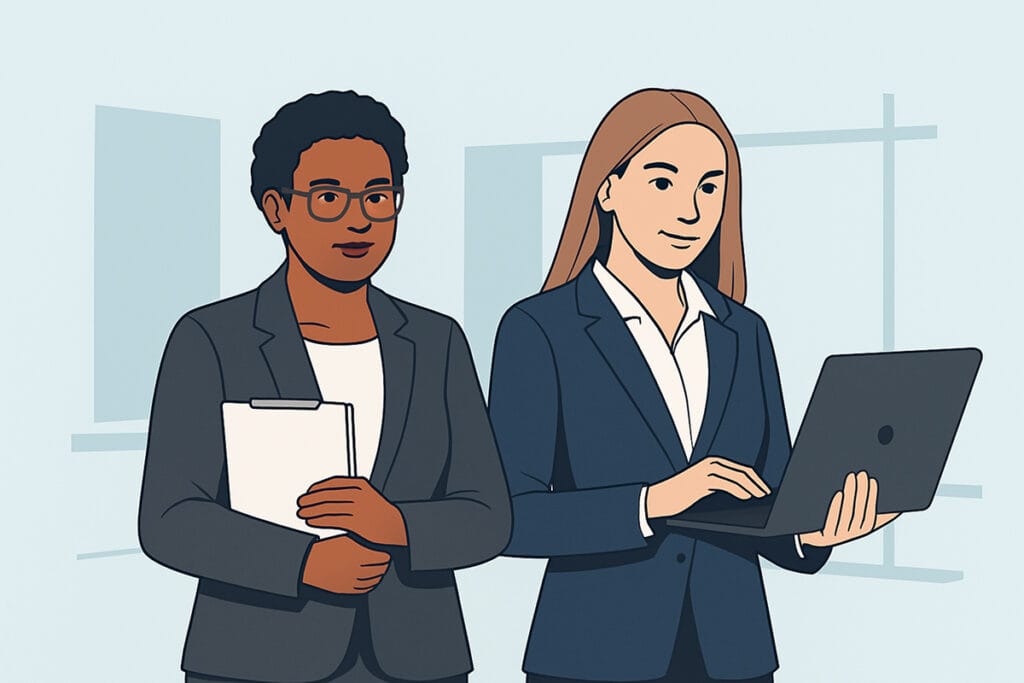 Two business professionals, one holding a clipboard and the other using a laptop - bookkeeping services