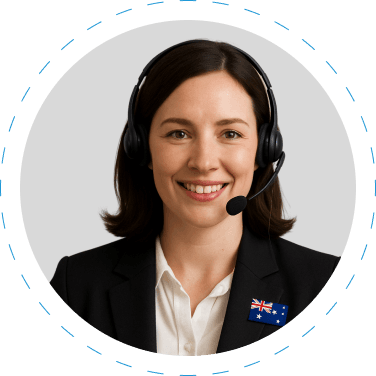 Smiling customer support executive wearing a headset with an Australian flag pin on her blazer - bookkeeping services