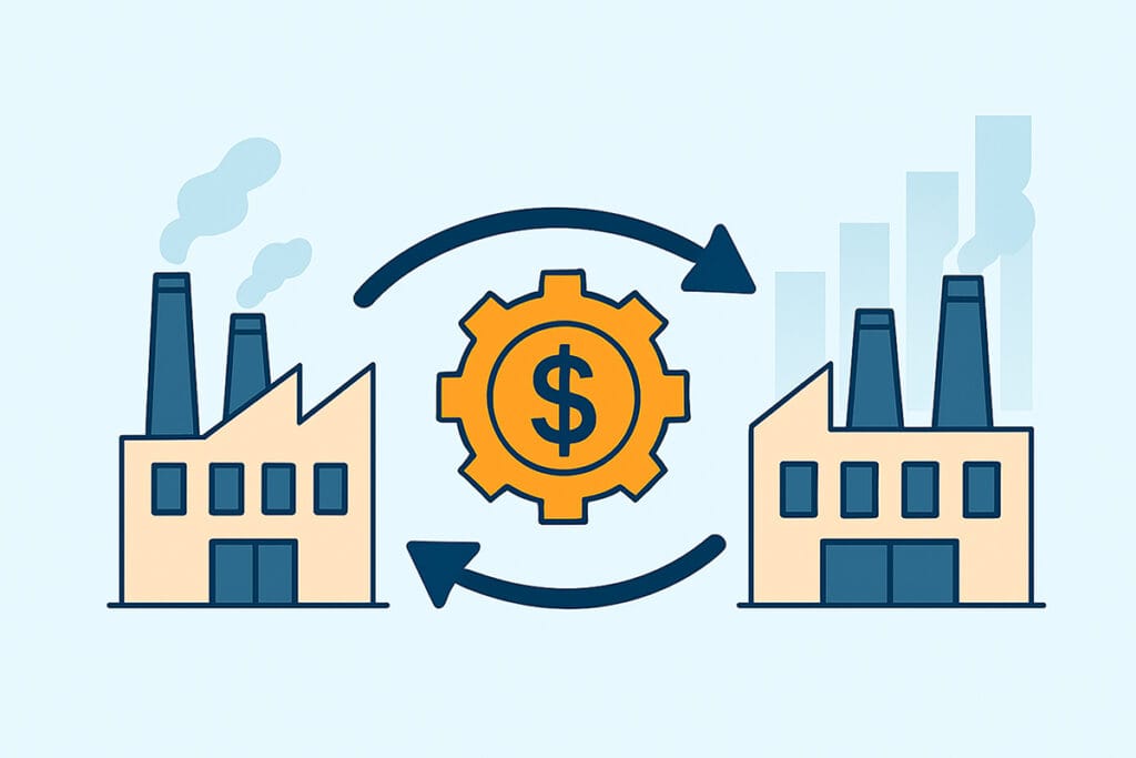 Two factories with a dollar symbol and arrows showing money transfer between them - bookkeeping services