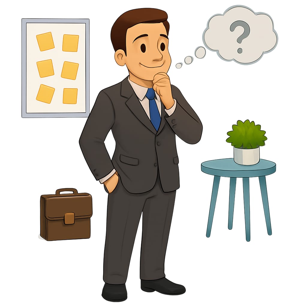 A businessman thinking about why to choose JAKS for professional services, shown with a question mark in a thought bubble - bookkeeping services