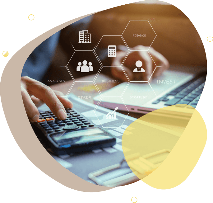 A person using a calculator and laptop with finance and business strategy icons overlaid - accounting and payroll