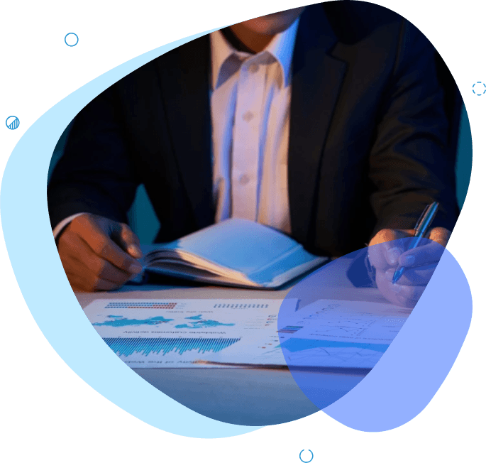 Business professional analyzing financial charts and graphs with a notebook and pen, representing financial analysis and business strategy - business valuation