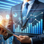 Professional businessman in a suit holding a tablet displaying interactive financial charts and analytics dashboards, representing Financial Modelling and Pitch Deck preparation in a modern corporate environment.